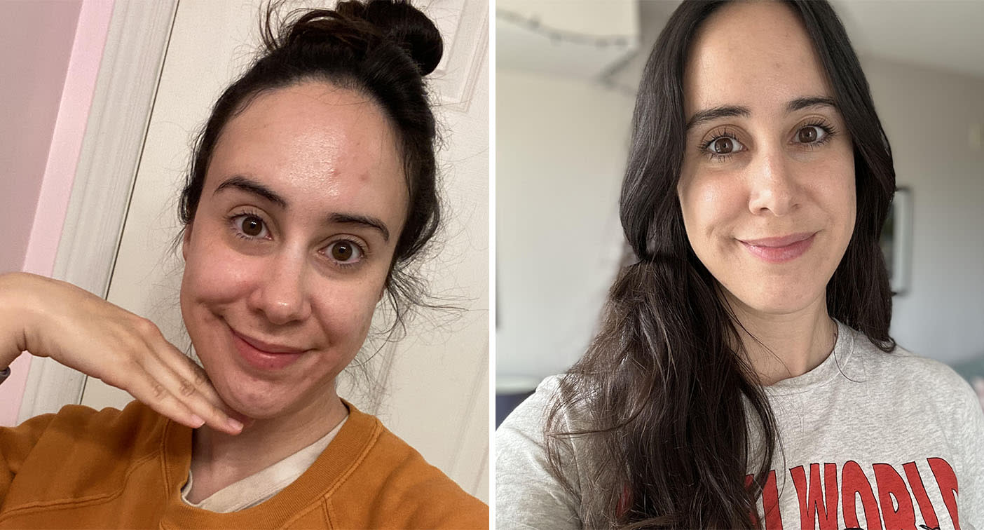 The Shiseido sunscreen stick goes on clear, and works both under makeup or on bare skin (pictured on left) or over makeup (pictured on right). 