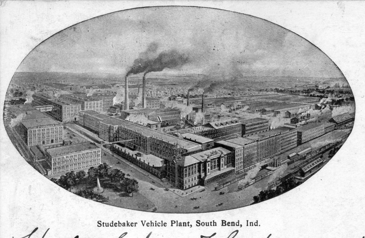 The Studebaker vehicle factory in South Bend is shown in about 1905. This image was on the front of an early 20th century postcard printed by the South Bend Tribune.