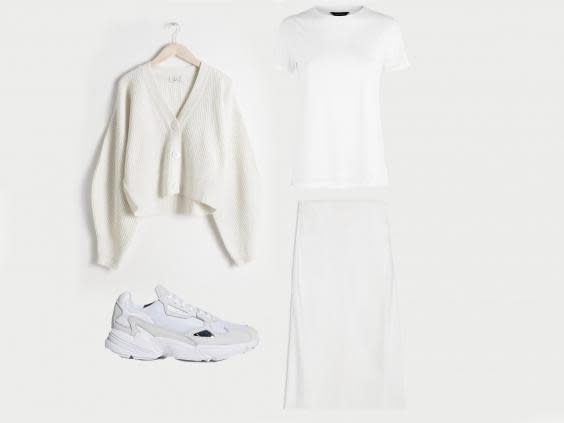 White Roll Sleeve T-Shirt, £6.99, New Look; Satin Bias Midi Skirt, £29, Topshop; Cropped Cardigan, £69, & Other Stories; Falcon Shoes, £84.95, Adidas