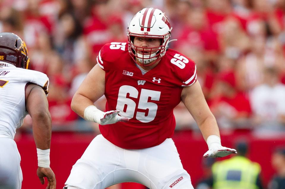 Sept. 7, 2019; Madison; Wisconsin Badgers offensive lineman Tyler Beach (65) during the game against the Central Michigan Chippewas at Camp Randall Stadium. Jeff Hanisch-USA TODAY Sports