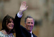 Institutional Revolutionary Party (PRI) presidential candidate Jose Antonio Meade waves while arriving with his wife Juana Cuevas at Palacio de Mineria for the first presidential debate in Mexico City, Mexico April 22, 2018. REUTERS/Henry Romero