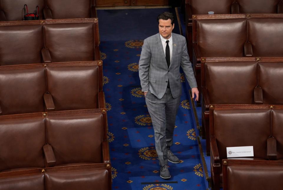 WASHINGTON, D.C.: Rep Matt Gaetz, R-Fla, before the House of Representatives reconvenes on Friday Jan. 6, 2023, trying to elect a speaker of the House as the 118th session of Congress begins. (Jack Gruber, USA TODAY)