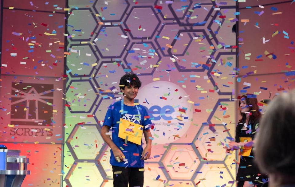 Dev Shah, 14 , seen smiling amid ticker tape, spelled the winning word (psammophile) and became the winner of the Scripps National Spelling Bee in June.