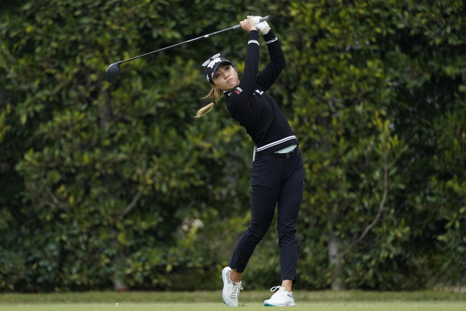 Lydia Ko tees off from the second hole during the first round of the LPGA's Hugel-Air Premia LA Open golf tournament at Wilshire Country Club Wednesday, April 21, 2021, in Los Angeles. (AP Photo/Ashley Landis)