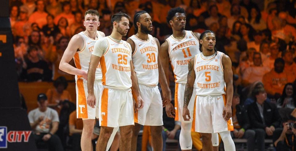 Tennessee guard Dalton Knecht (3), guard Santiago Vescovi (25), guard Josiah-Jordan James (30), forward Tobe Awaka (11), and guard Zakai Zeigler (5) are seen on the court during an NCAA game against Vanderbilt at Thompson-Boling Arena at Food City Center in Knoxville, Saturday, Feb. 17, 2024.