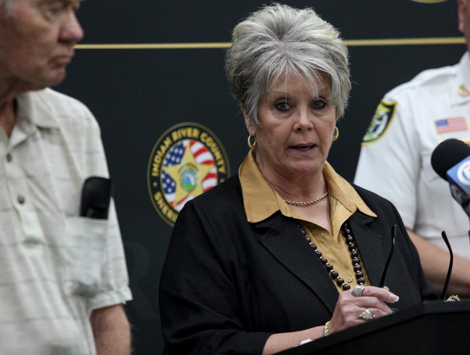 Debra Dubois, 59, speaks during a press conference held by Sheriff Eric Flowers regarding a 1982 cold case involving the death of her mother, Evelyn Lois Horne Townsend, Tuesday, March 12, 2024, at the Indian River County Sheriff’s Office.