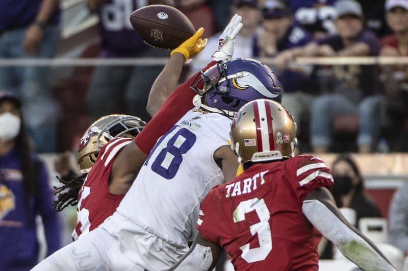 Minnesota Vikings wide receiver Justin Jefferson (C) logged 5,899 yards through his first four seasons. File Photo by Terry Schmitt/UPI