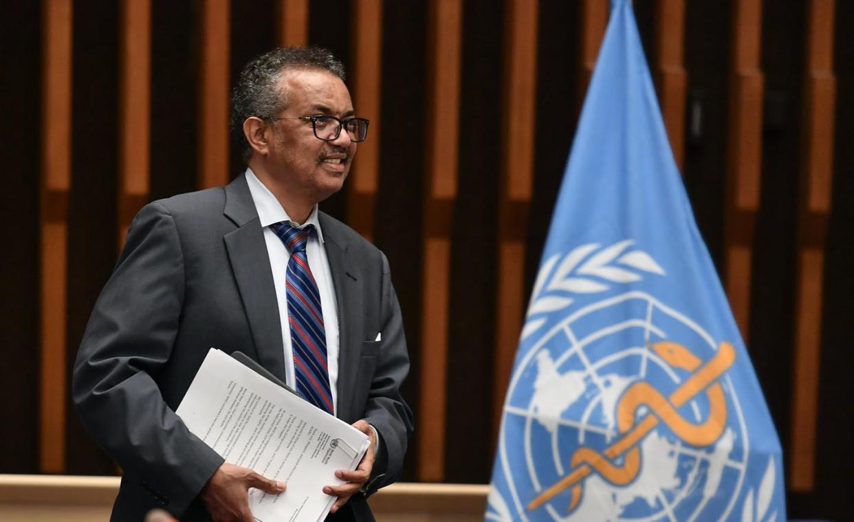 <span class="caption">World Health Organization Director-General Tedros Adhanom Ghebreyesus arrives at a press conference at WHO headquarters in Geneva on July 3, 2020.</span> <span class="attribution"><a class="link " href="https://www.gettyimages.com/detail/news-photo/world-health-organization-director-general-tedros-adhanom-news-photo/1224566727?adppopup=true" rel="nofollow noopener" target="_blank" data-ylk="slk:Fabrice Coffrini/Pool/AFP via Getty Images;elm:context_link;itc:0;sec:content-canvas">Fabrice Coffrini/Pool/AFP via Getty Images</a></span>