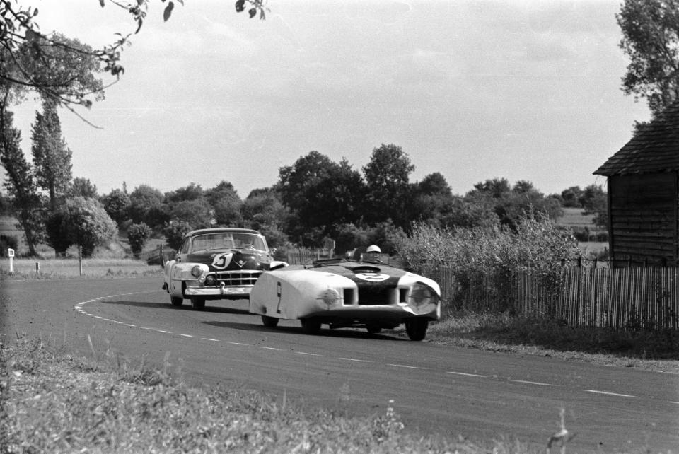 Briggs Cunningham's Cadillac special, Le Monstre, driven by Cunningham and Phil Walters, leads the other Cunningham team car, a Cadillac 61 driven by Sam and Miles Collier through White House corner during the 24 Hour Le Mans Race, June 1950. Le Monstre finished eleventh just behind the 61. (Photo by Klemantaski Collection/Getty Images)