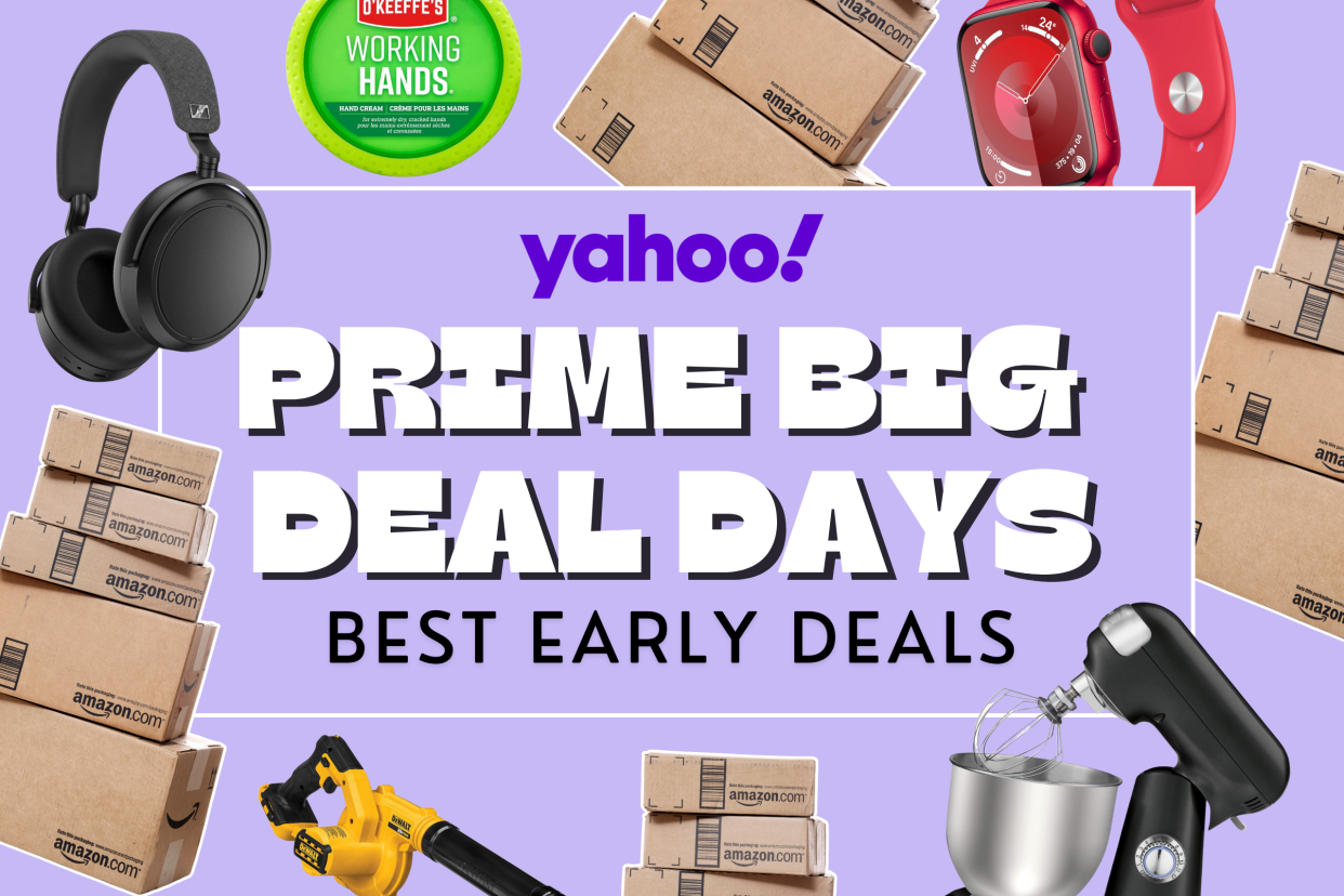 Prime Big Deal Days collage, amazon collage of apple watch, mixer, headphones, dewalt, amazon canada boxes