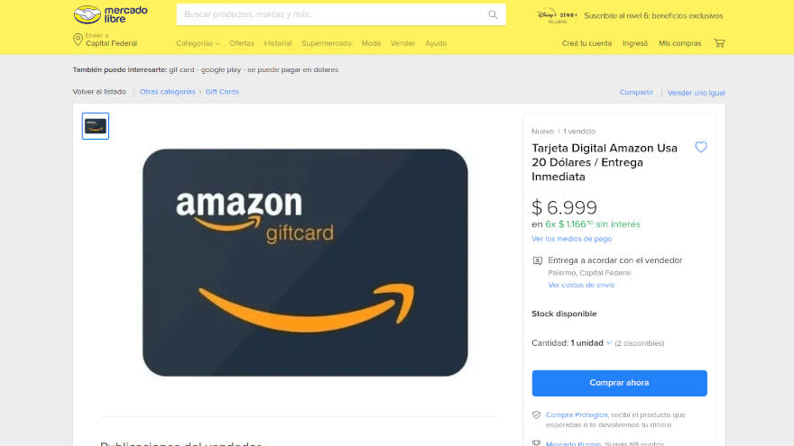 Comprando giftcards de Amazon se accede a un dólar de 350 pesos en Mercado Libre