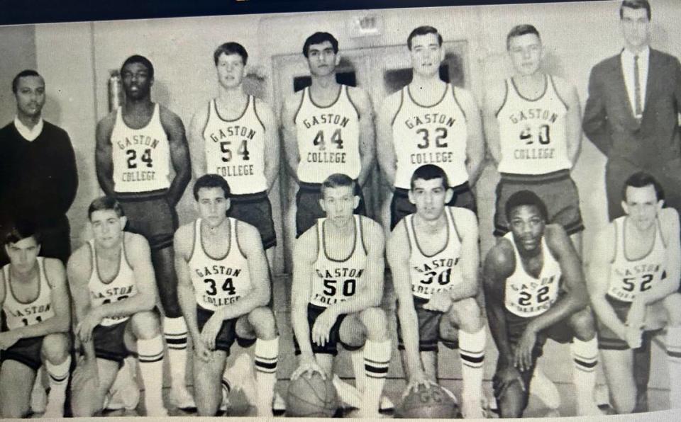 The 1966-67 Gaston College basketball team, which included player Leonard Hamilton (24) and head coach Pete Brooks (standing, far right). Hamilton credits Brooks for changing his life. “This guy.... realized I was unsophisticated,” Hamilton said in 2024. “And he was trying to bring me out of this sheltered existence. And when I think about it kind of makes me emotional -- for a guy to care that much about me, and to try to help me without embarrassing me.”