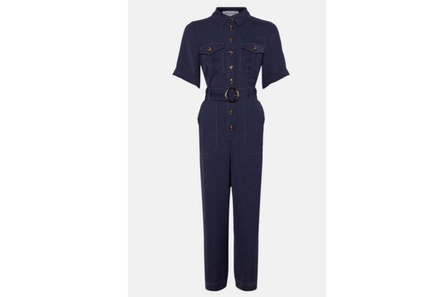 Warehouse cropped jumpsuit with belt in navy