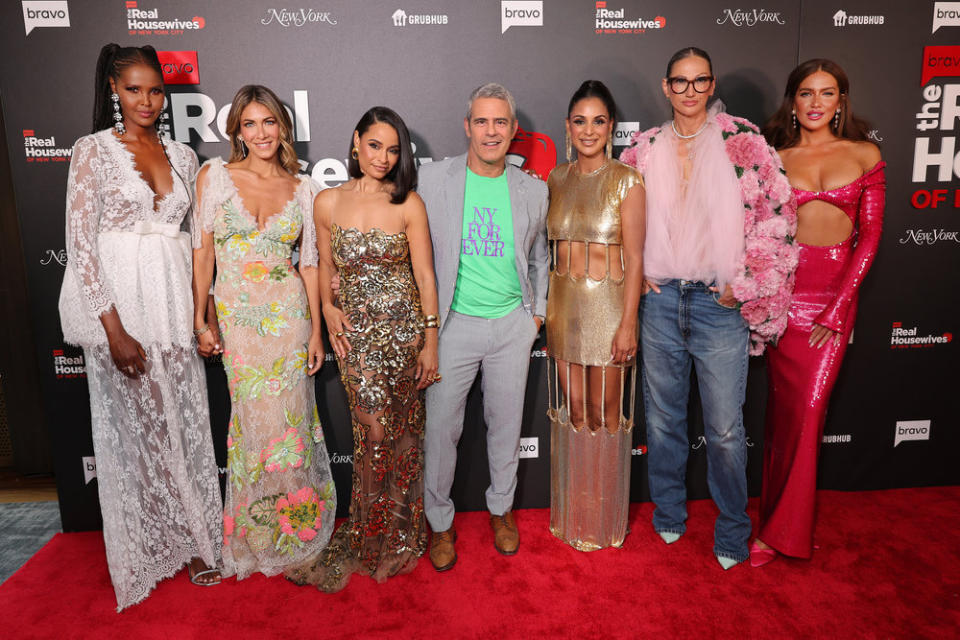 THE REAL HOUSEWIVES OF NEW YORK CITY -- Season 14 Premiere Event -- Pictured: (l-r) Ubah Hassan, Sai De Silva, Andy Cohen, Erin Lichy, Brynn Whitfield, Jessel Taank, Jenna Lyons at The Rainbow Room on July 12, 2023 -- (Photo by: Cindy Ord/Bravo)<span class="copyright">Cindy Ord/Bravo—2023 Bravo Media, LLC</span>
