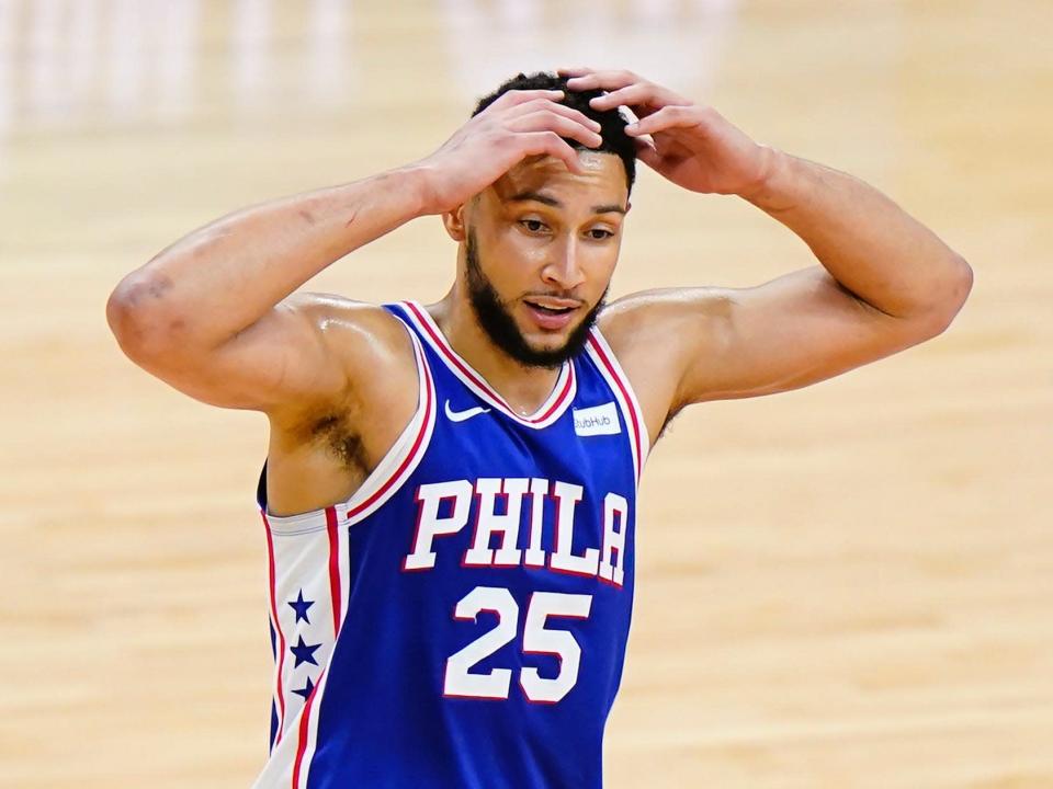 Ben Simmons put his hands on his head during a game in 2021.