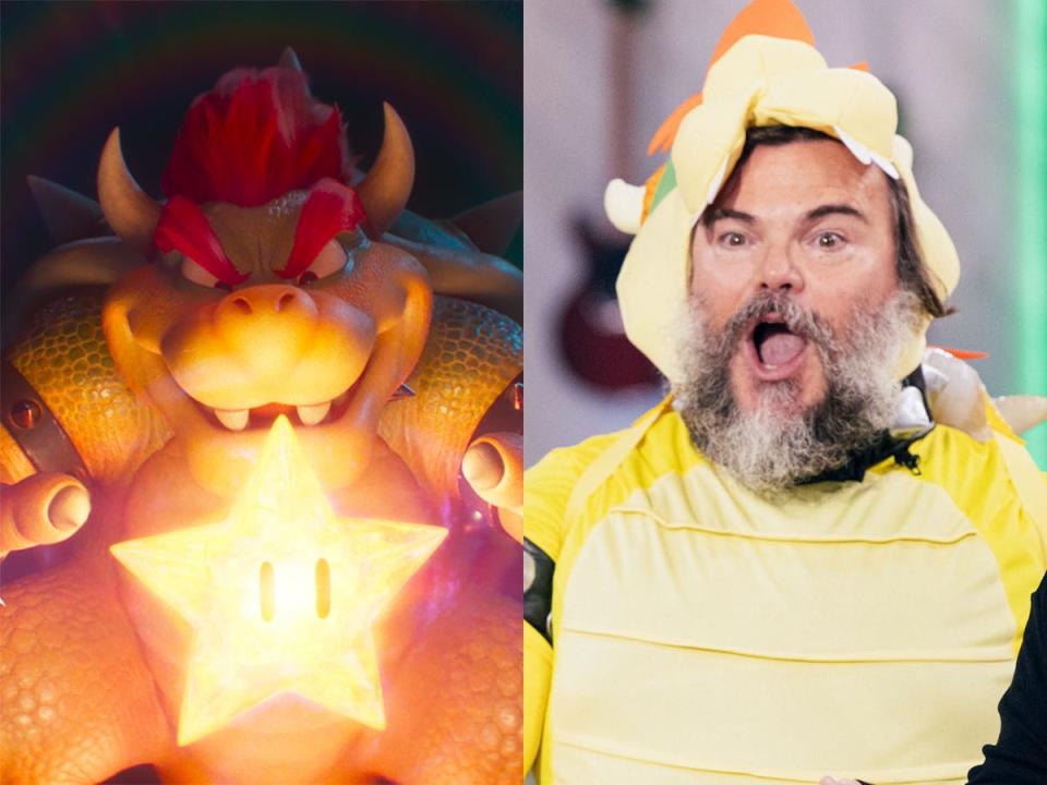 On the left: Bowser in "The Super Mario Bros. Movie." On the right: Jack Black dressed as Bowser during an appearance on "The Kelly Clarkson Show."