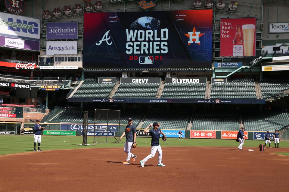 A view of Houston's stadium during workouts on Monday.