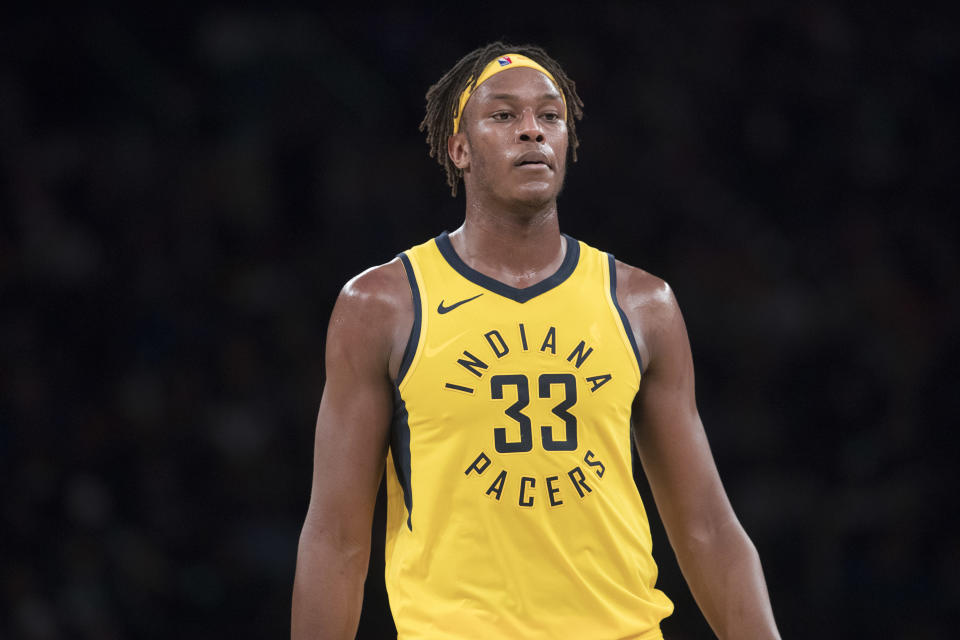Myles Turner let his emotions get the best of him while playing the 76ers. (AP Photo)