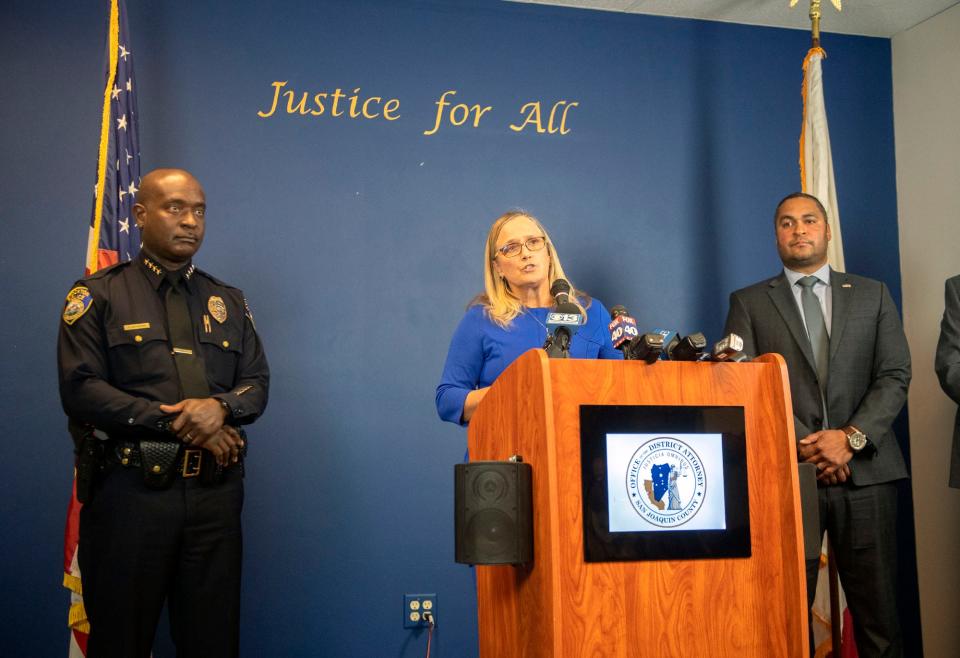 San Joaquin County District Attorney Tori Verber Salazar, center, flanked by Stockton Chief Stanley McFadden, left, and ATF San Francisco Field Division, Assistant Special Agent in Charge Joshua Jackson speaks about the arraignment of alleged serial killer Wesley Brownlee during a news conference at the DA's office in downtown Stockton on Tuesday, Oct. 18, 2022.