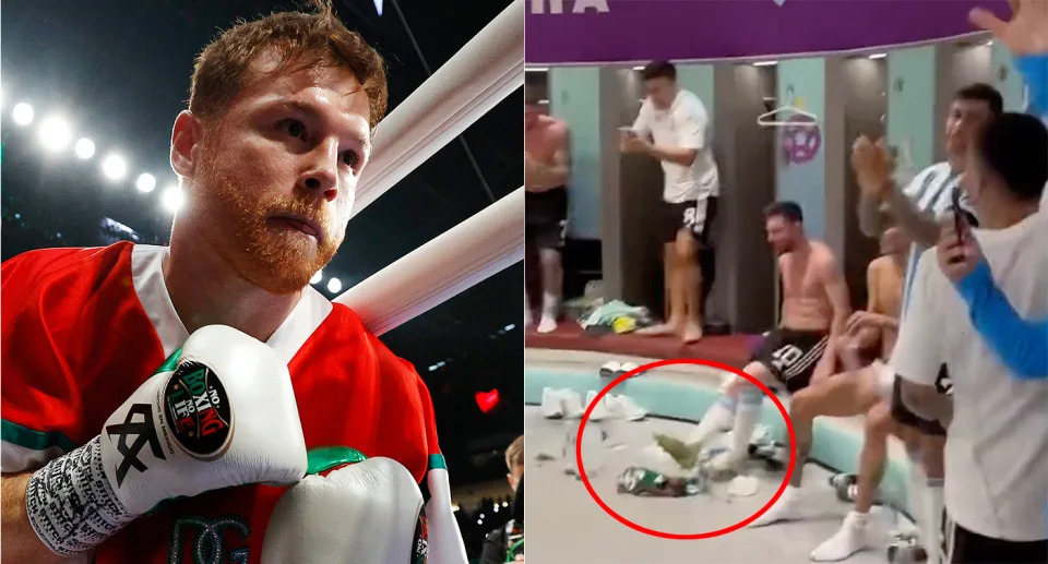 Saúl 'Canelo' Álvarez (Foto: Getty Images) | Imagen de Messi en vestidor en Qatar (Captura de video Twitter)