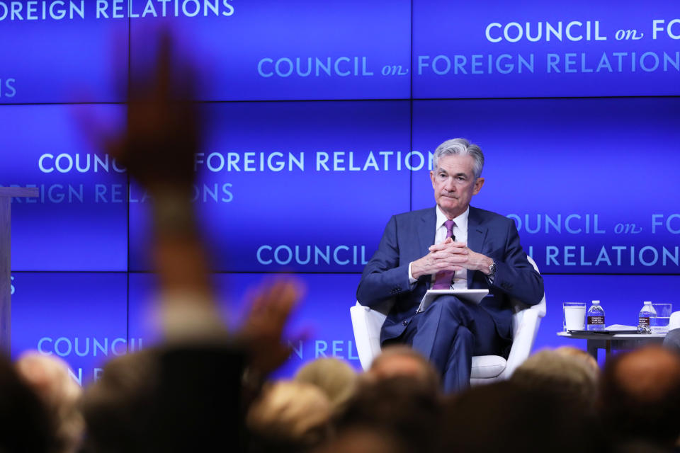 NEW YORK, NEW YORK - JUNE 25: Jerome Powell (left), chairman of the Board of Governors of the Federal Reserve, takes questions while speaking in conversation with Neil Irwin of the New York Times at the Council on Foreign Relations on June 25, 2019 in New York City. Powell discussed the challenges facing the U.S. economy and the policies of the U.S. Federal Reserve.   (Photo by Spencer Platt/Getty Images)