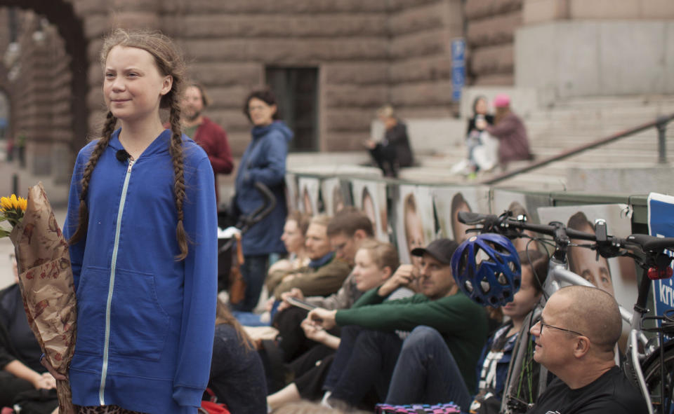 This image released by Hulu shows activist Greta Thunberg in a scene from the documentary "I Am Greta." The film premieres Friday on Hulu. (Hulu via AP)