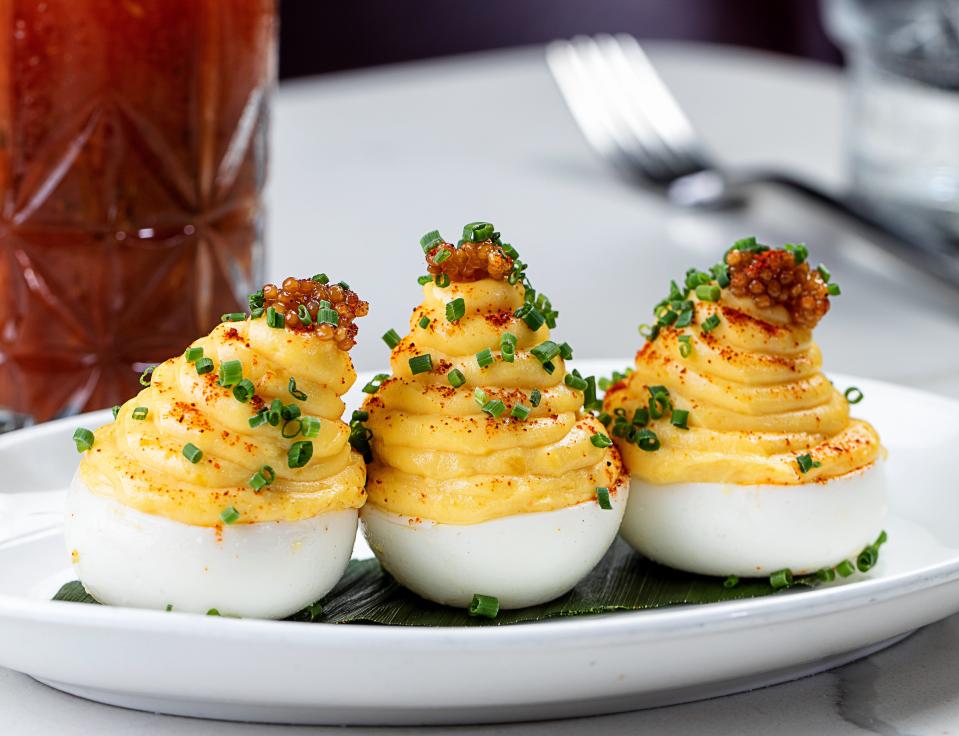 Deviled eggs are on the a la carte brunch menu at The Wine Room in downtown Delray Beach.