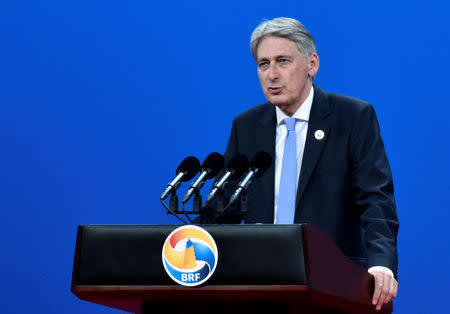 British Chancellor of the Exchequer Philip Hammond delivers a speech on Plenary Session of High-Level Dialogue, at the Belt and Road Forum in Beijing, China May 14, 2017. REUTERS/Kenzaburo Fukuhara/Pool