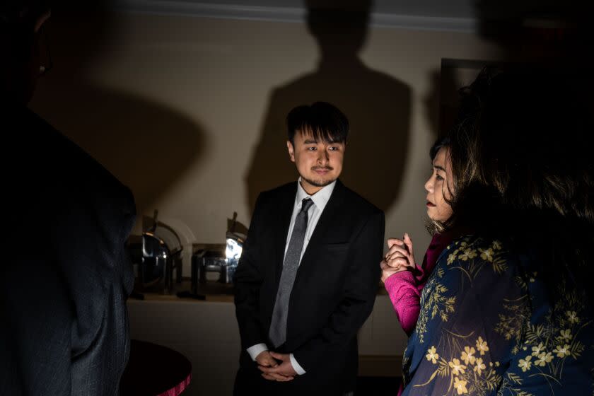 WASHINGTON, DC - FEBRUARY 07: Brandon Tsay is introduced to Rep. Grace Meng (D-NY) Rep. Brad Sherman (D-CA) and Rep. Ted Lieu (D-CA) by Rep. Judy Chu (D-CA) as he attends a Congressional Asian Pacific American Caucus event in the Rayburn House Office Building on Tuesday, Feb. 7, 2023 in Washington, DC. (Kent Nishimura / Los Angeles Times)