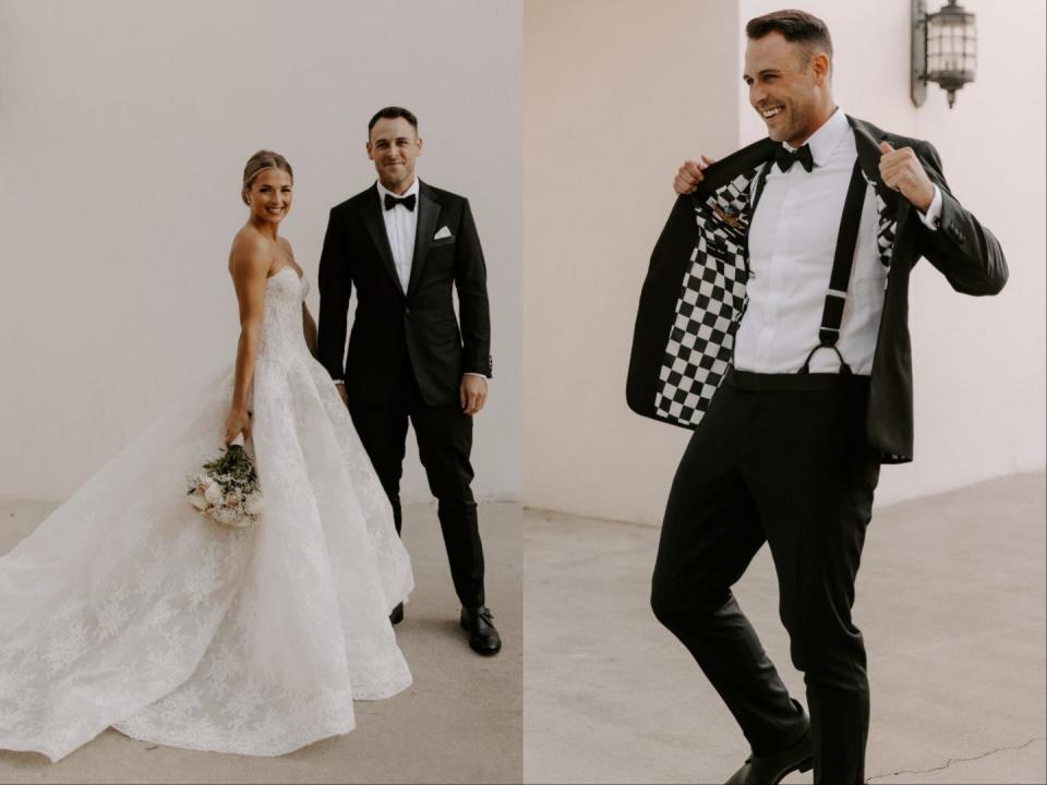 A side-by-side of a bride and groom and the groom flashing the inside his suit jacket.