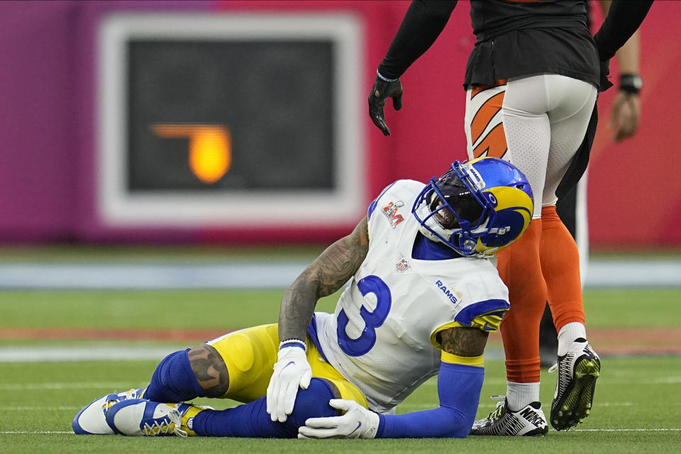 Odell Beckham Jr. suffered a torn ACL in the Super Bowl, prompting players around the league to blame the injury on artificial turf. (AP Photo/Marcio Jose Sanchez)