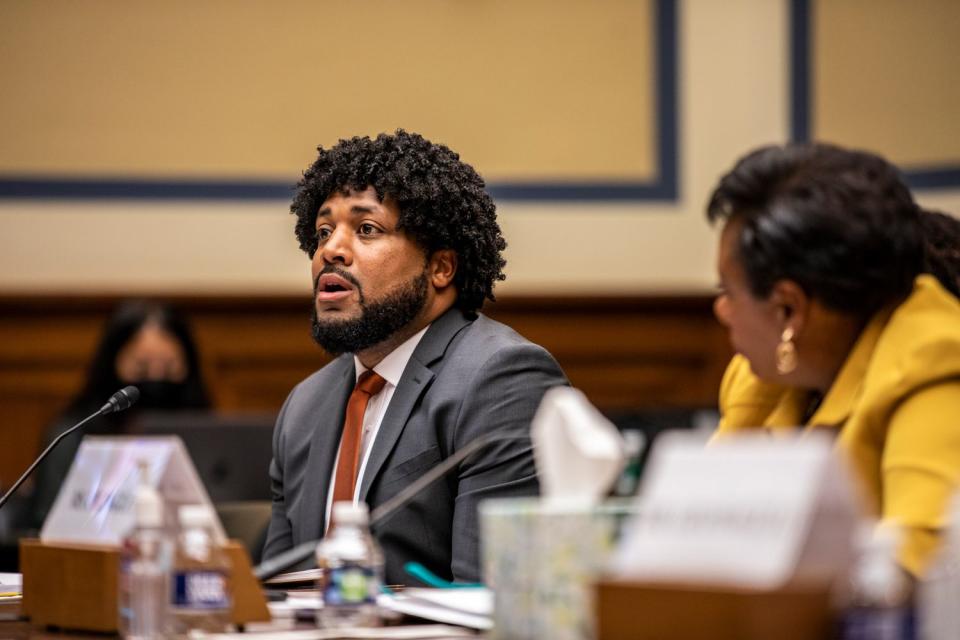 <p>Jason Andrew-Pool/Getty</p> Greg Jackson, former executive director of the Community Justice Action Fund, speaks at a House hearing on gun violence in 2022