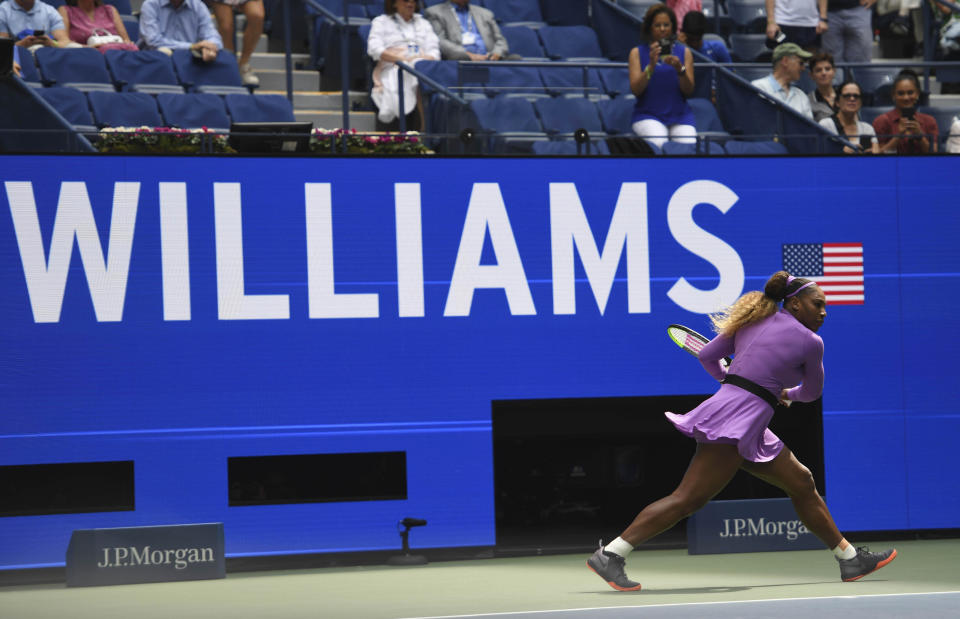 Serena Williams warms up prior to her round four match at the US Open tennis championships Sunday, Sept. 1, 2019, in New York. (AP Photo/Sarah Stier)
