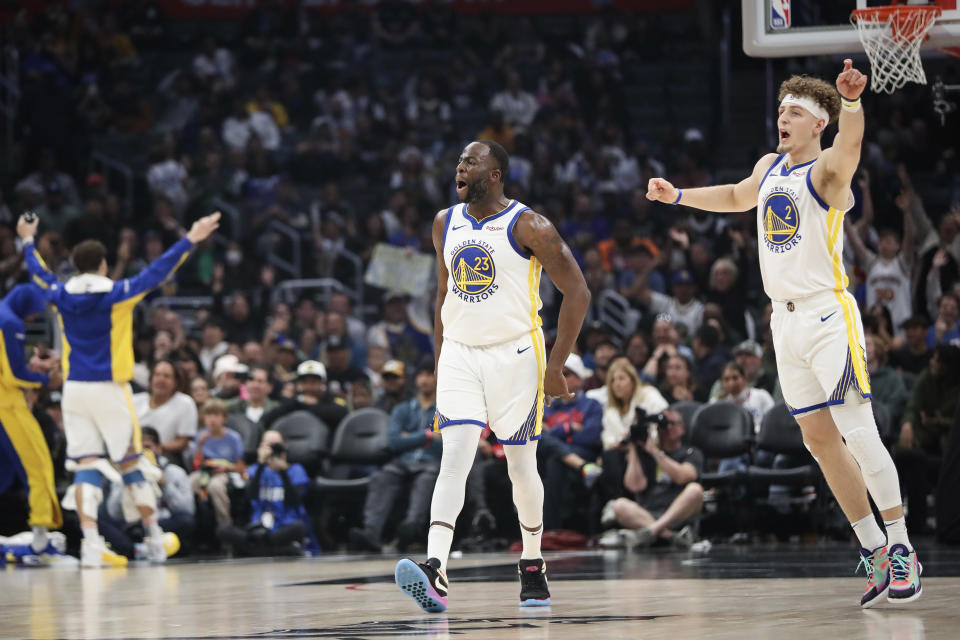 Draymond Green（圖中）與Brandin Podziemski。（NBA Photo by Meg Oliphant/Getty Images）