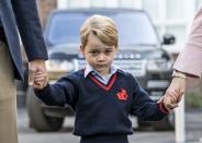 <p>The eldest Cambridge child looked nervous as he joined his father Prince William for his <a href="https://www.elle.com/uk/life-and-culture/culture/news/a38307/prince-george-first-day-school-thomas-battersea/" rel="nofollow noopener" target="_blank" data-ylk="slk:first day of school;elm:context_link;itc:0;sec:content-canvas" class="link ">first day of school</a> at Thomas's Battersea in September 2017.</p>