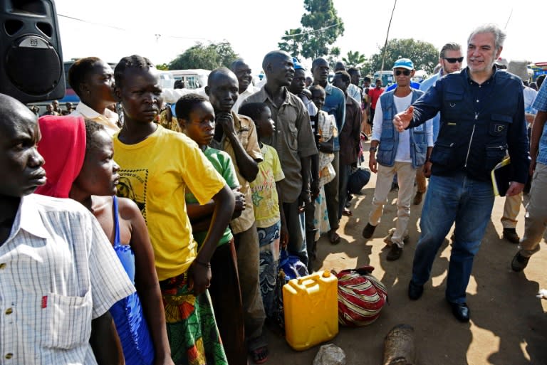 EU Commissioner for Humanitarian and Crisis Management, Christos Stylianides talks to South Sudanese refugees in Uganda