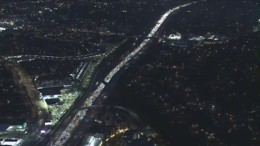 Authorities shut down multiple lanes of the 405 Freeway after a deadly crash in Culver City, CA on April 8, 2024. (Sky5)