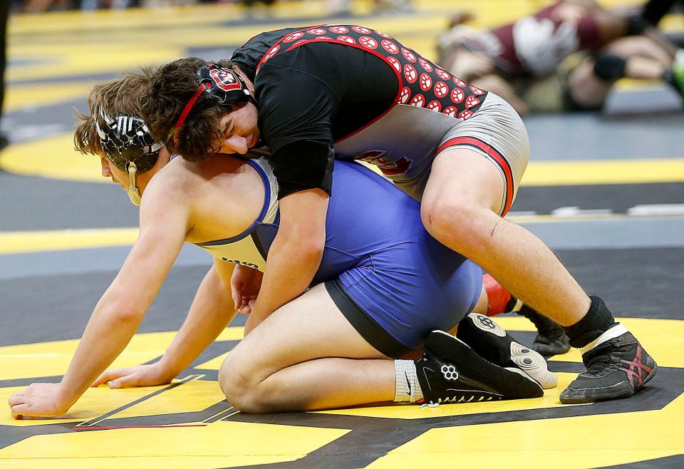 Crestview's Caleb Cunningham wrestles Brookville's Bronson Stacy during their 215 lbs. match at the OHSAA State Wrestling Championships Sunday, March 12, 2023 at the Jerome Schottenstein Center. . TOM E. PUSKAR/ASHLAND TIMES-GAZETTE