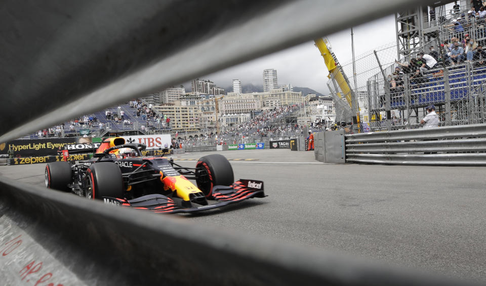 Red Bull driver Max Verstappen of the Netherlands steers his car during the qualifying session at the Monaco racetrack, in Monaco, Saturday, May 22, 2021. The Formula One race will take place on Sunday. (AP Photo/Luca Bruno)