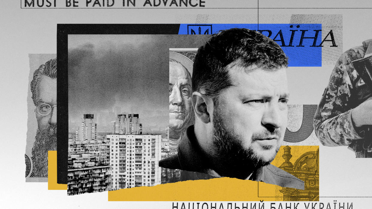  Photo montage of Volodymyr Zelensky, dollars, Euros and hryvnia. 