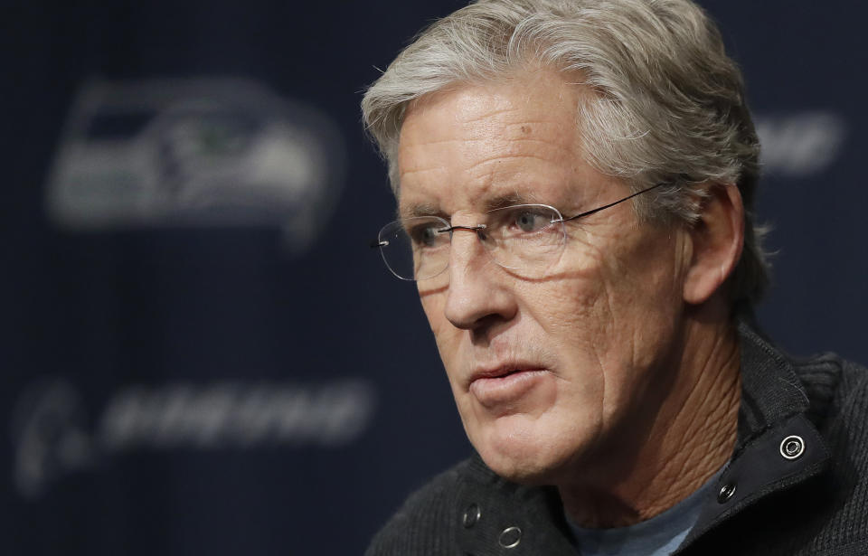 Seattle Seahawks NFL football head coach Pete Carroll listens to a question as he talks to reporters, Tuesday, Jan. 2, 2018, during his end-of-season press conference, in Renton, Wash. (AP Photo/Ted S. Warren)