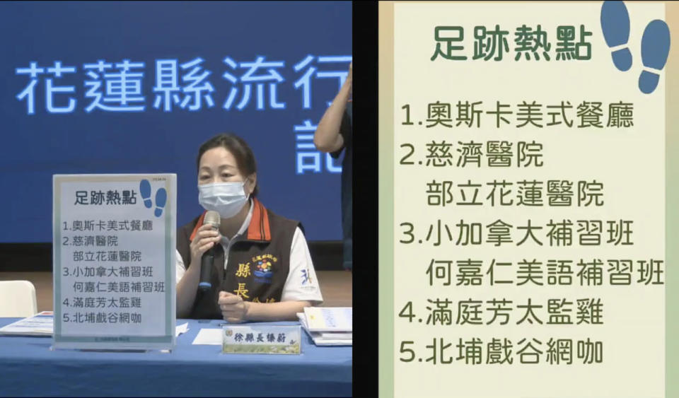 花蓮縣政府公布足跡熱點。   圖：翻攝自花蓮縣政府 臉書直播