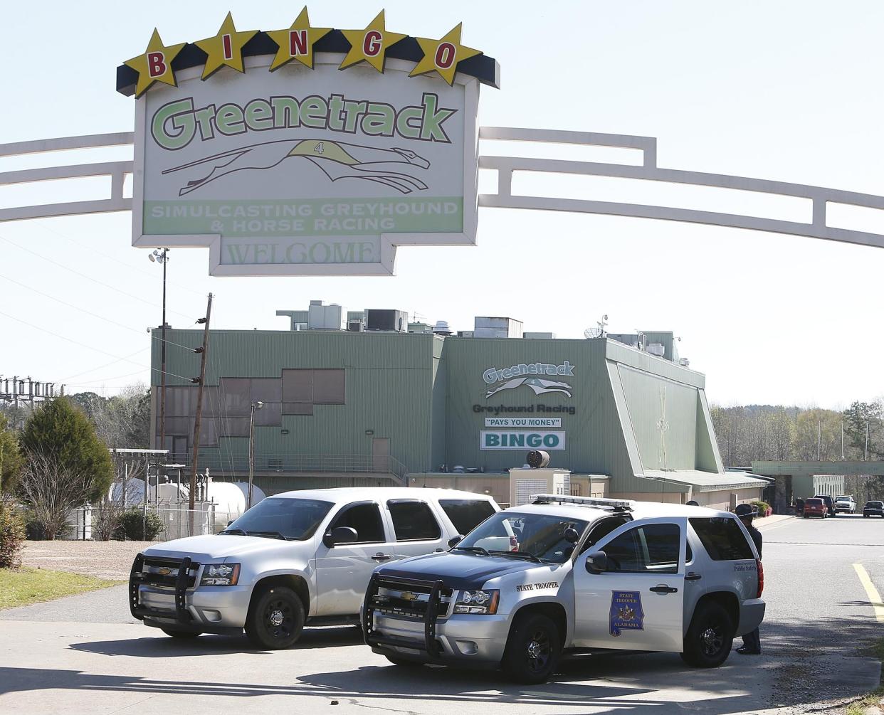 State troopers block the entrance of Greenetrack on March 31, 2014, during a raid of bingo machines.staff photo/Robert Sutton