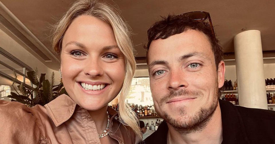 Home and Away couple Sophie Dillman and Patrick O&#39;Connor smiling