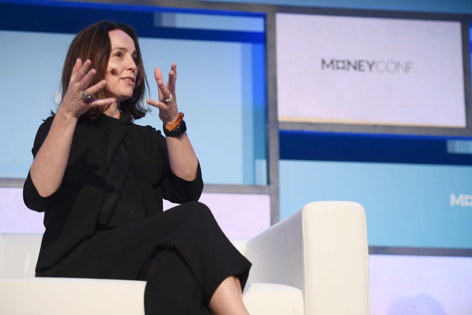 Dublin , Ireland - 12 June 2018; Sarah Friar, CFO, Square, on Centre Stage during day one of MoneyConf 2018 at the RDS Arena in Dublin. (Photo By Stephen McCarthy/Sportsfile via Getty Images)