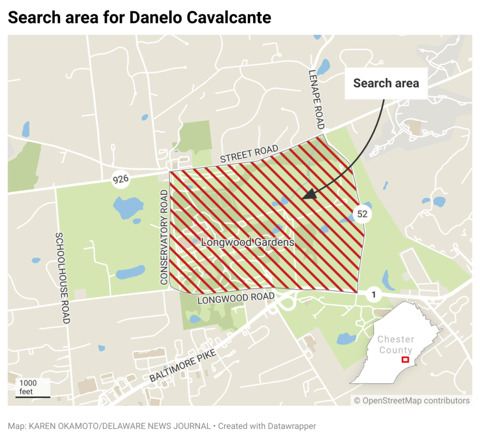 Pennsylvania State Police shrunk the Chester County area that they are searching for escaped murderer Danelo Cavalcante on Saturday, Sept. 9. The area centers on Longwood Gardens and is bordered by Route 926 (Street Road), Route 52 (Lenape Road), Longwood Road and Conservatory Road, near Kennett Square, Pa.
