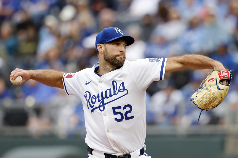 Kansas City Royals pitcher Michael Wacha delivers to a Texas Rangers batter during the first inning of a baseball game in Kansas City, Mo., Saturday, May 4, 2024. (AP Photo/Colin E. Braley)
