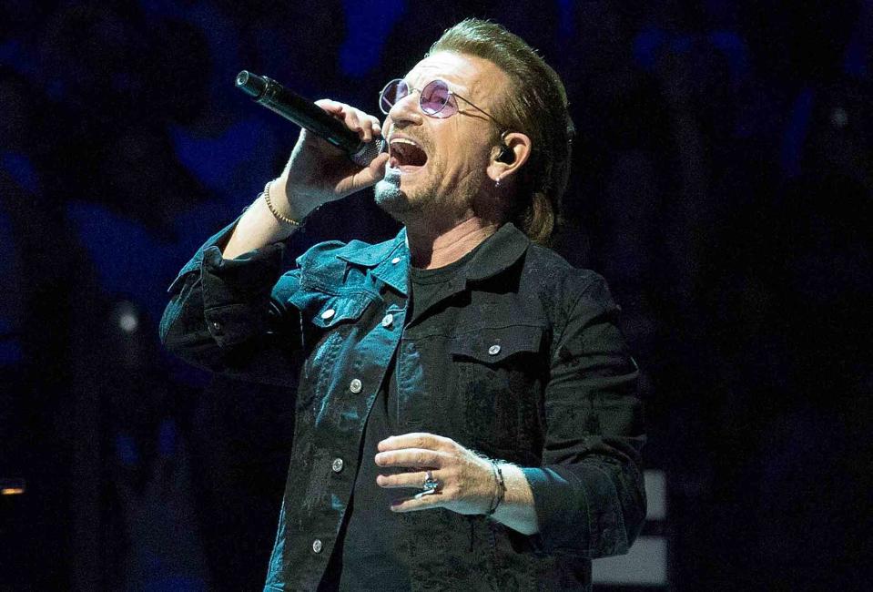 <p>Paul Zimmerman/Getty </p> Bono of U2 performs in New Jersey in June 2018