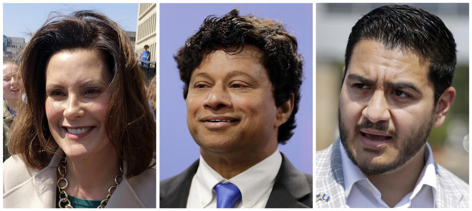 FILE - This combination of file photos shows Michigan Democratic gubernatorial candidates from left: former legislative leader Gretchen Whitmer; entrepreneur Shri Thanedar; and Dr. Abdul El-Sayed, Detroit's former health director. Corporate donations have become a central issue in the Michigan Democratic contest for governor as the three candidates try to woo progressive voters ahead of the Aug. 7 primary. (AP Photo/File)