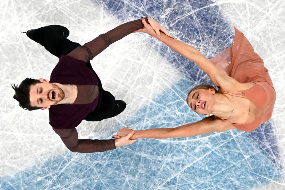 Russia&#39;s Alexandra Stepanova and Ivan Bukin compete in the ice dance free dance of the figure skating event during the Beijing 2022 Winter Olympic Games at the Capital Indoor Stadium in Beijing on February 14, 2022.
